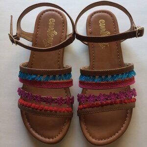 New Brown Sandals Girls 4 Fringe Pink Flower Shoes